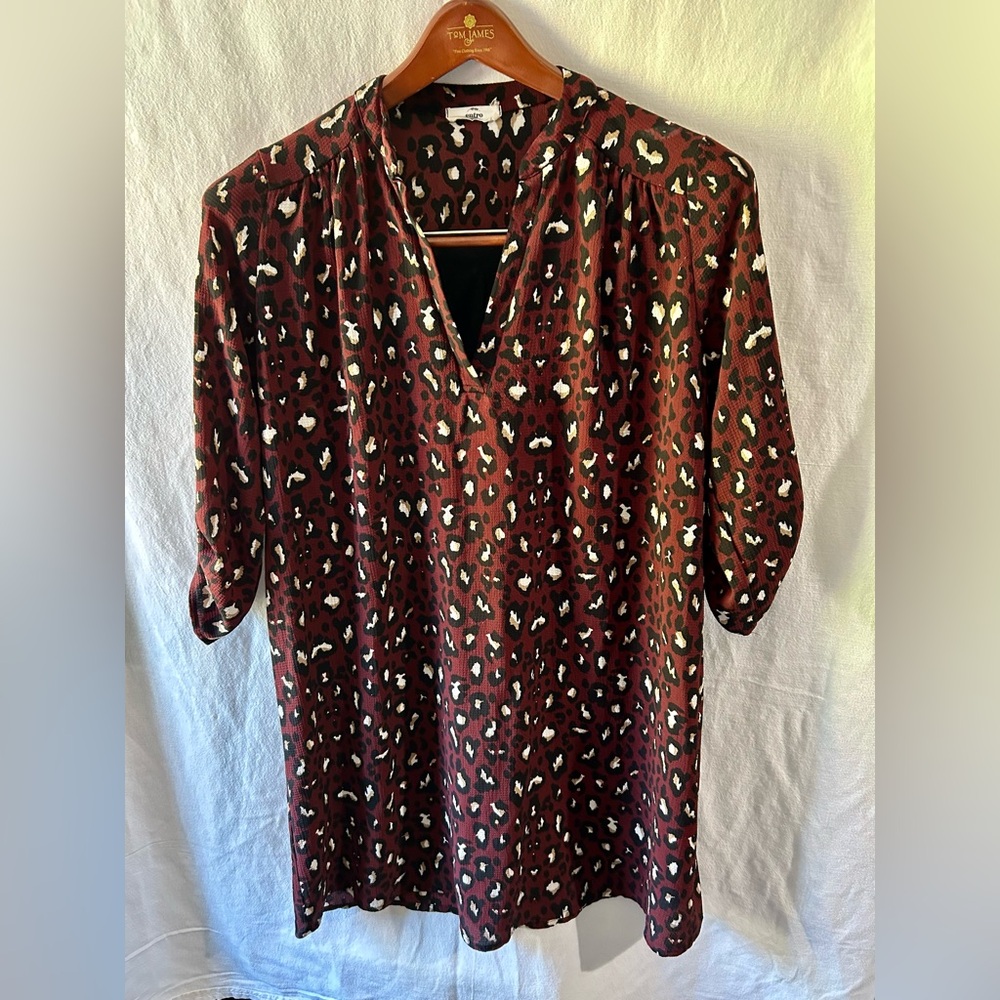 Entro Women’s L Leopard Print V-Neck Mini Dress Burgundy Black Cream 3/4 Sleeve